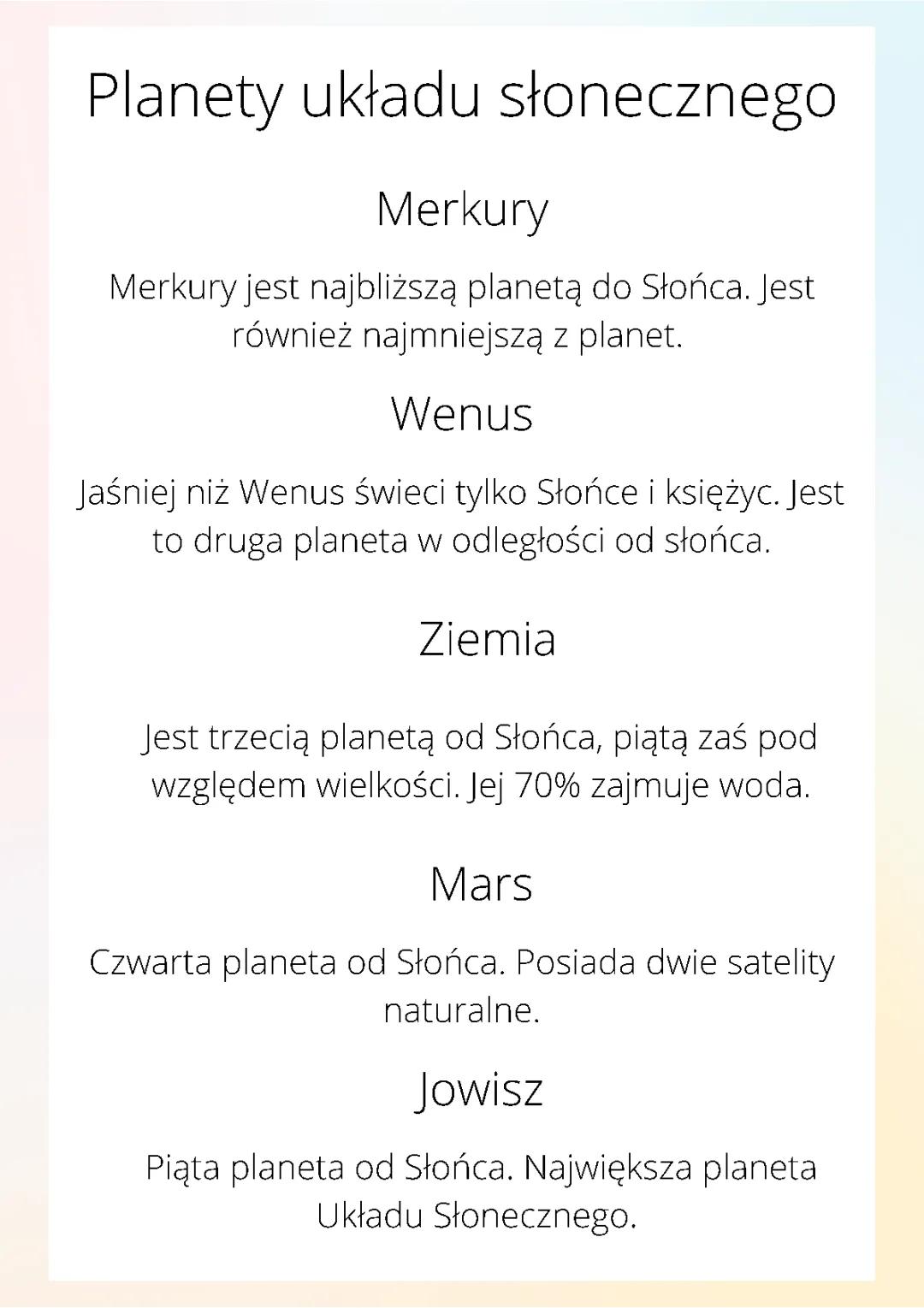 Planety Układu Słonecznego: Merkury, Wenus, Ziemia, Neptun, Uran