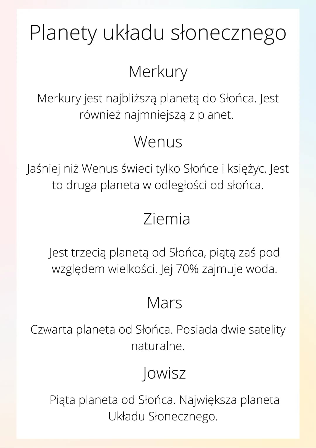 Planety układu słonecznego
Merkury
Merkury jest najbliższą planetą do Słońca. Jest
również najmniejszą z planet.
Wenus
Jaśniej niż Wenus świ