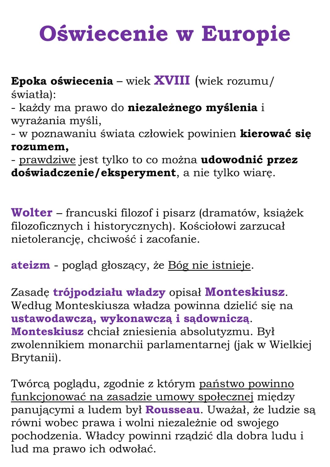 Oświecenie w Europie
Epoka oświecenia - wiek XVIII (wiek rozumu/
światła):
- każdy ma prawo do niezależnego myślenia i
wyrażania myśli,
w po