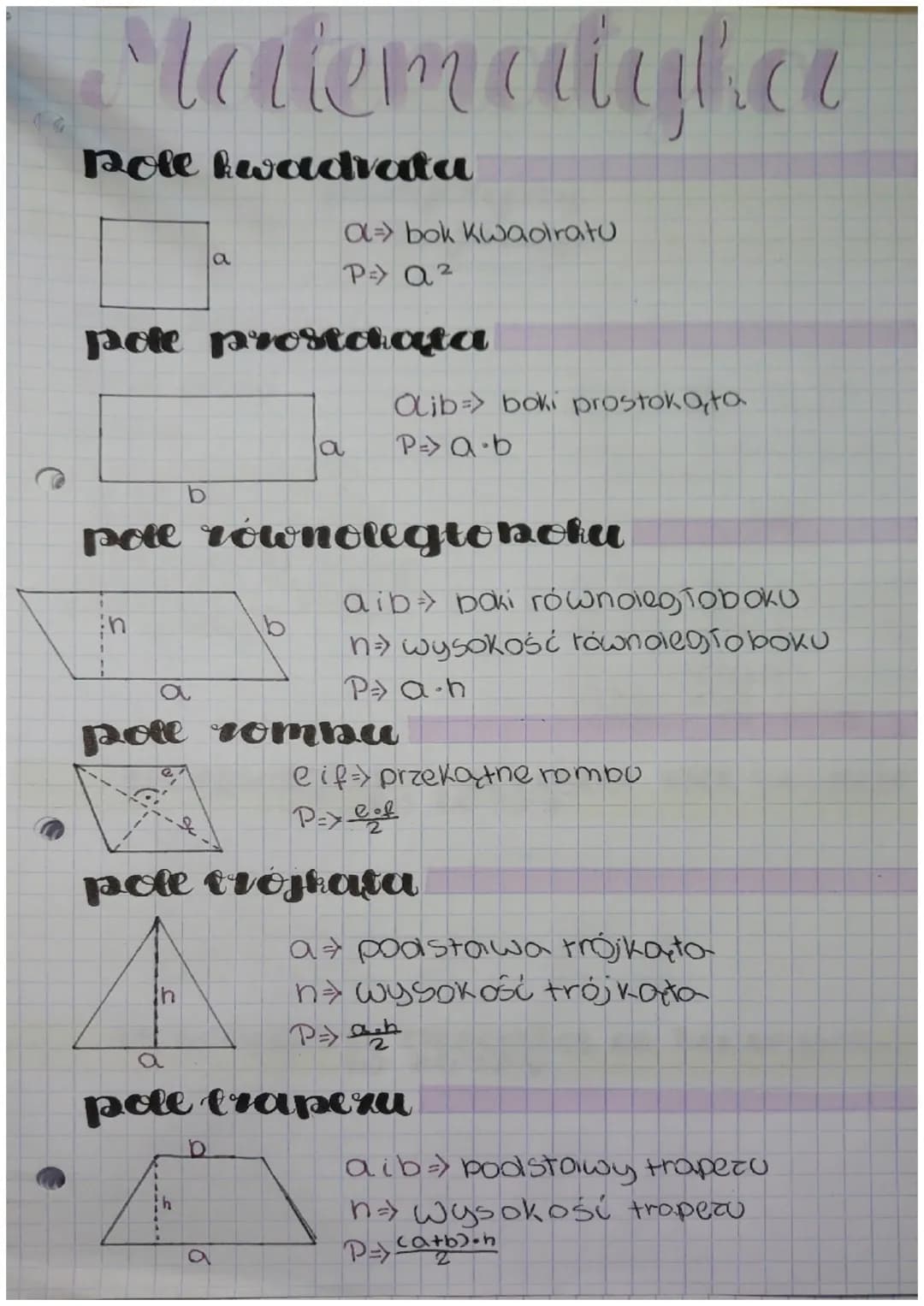 Matematyka
Pole kwadrata
a
pote prostokąta
a
O=> bok kwadratu
P=> a²
pote równolegto poku
Olib=> boki prostokąta
P=> a b
poll rombu
aib> bak
