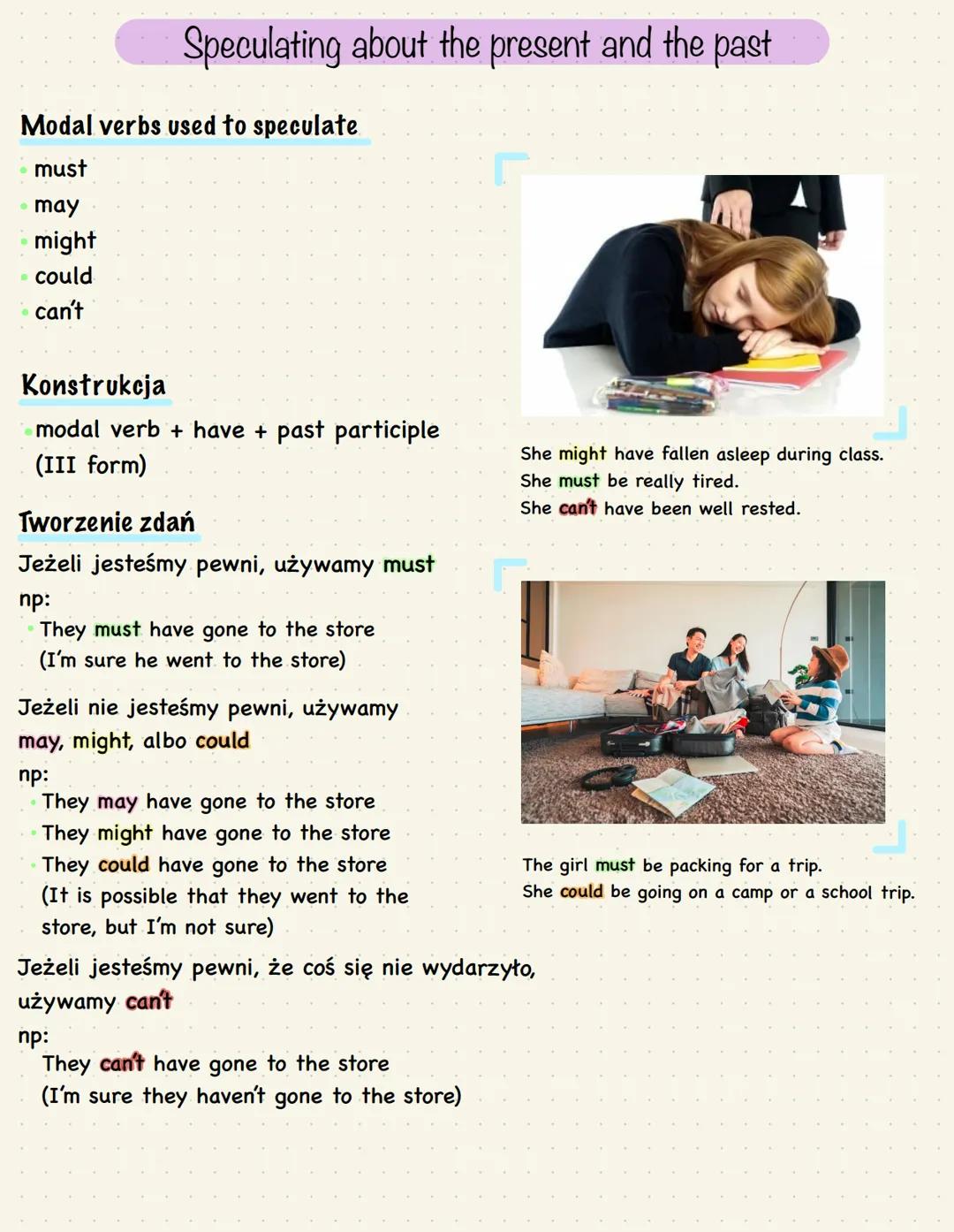 # Speculating about the present and the past

# Modal verbs used to speculate
- must
- may
- might
- could
- can't

# Konstrukcja
- modal ve