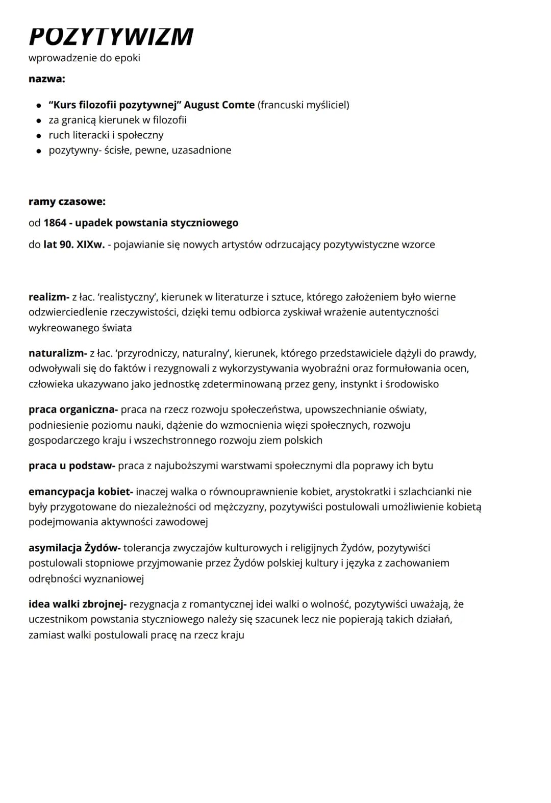 POZYTYWIZM
wprowadzenie do epoki
nazwa:
• "Kurs filozofii pozytywnej" August Comte (francuski myśliciel)
za granicą kierunek w filozofii
ruc