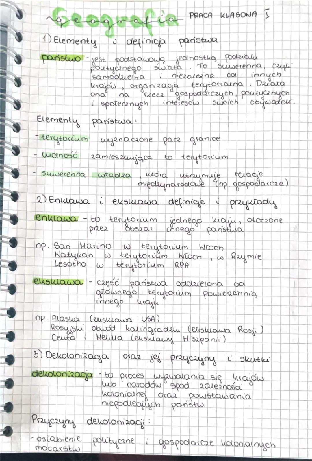 Geografia
1) Elementy
PRACA KLASONA I
i definicja paristwa
państwo - jest podstawową jednostką podziału
politycznego świata
samodzielna
To
n