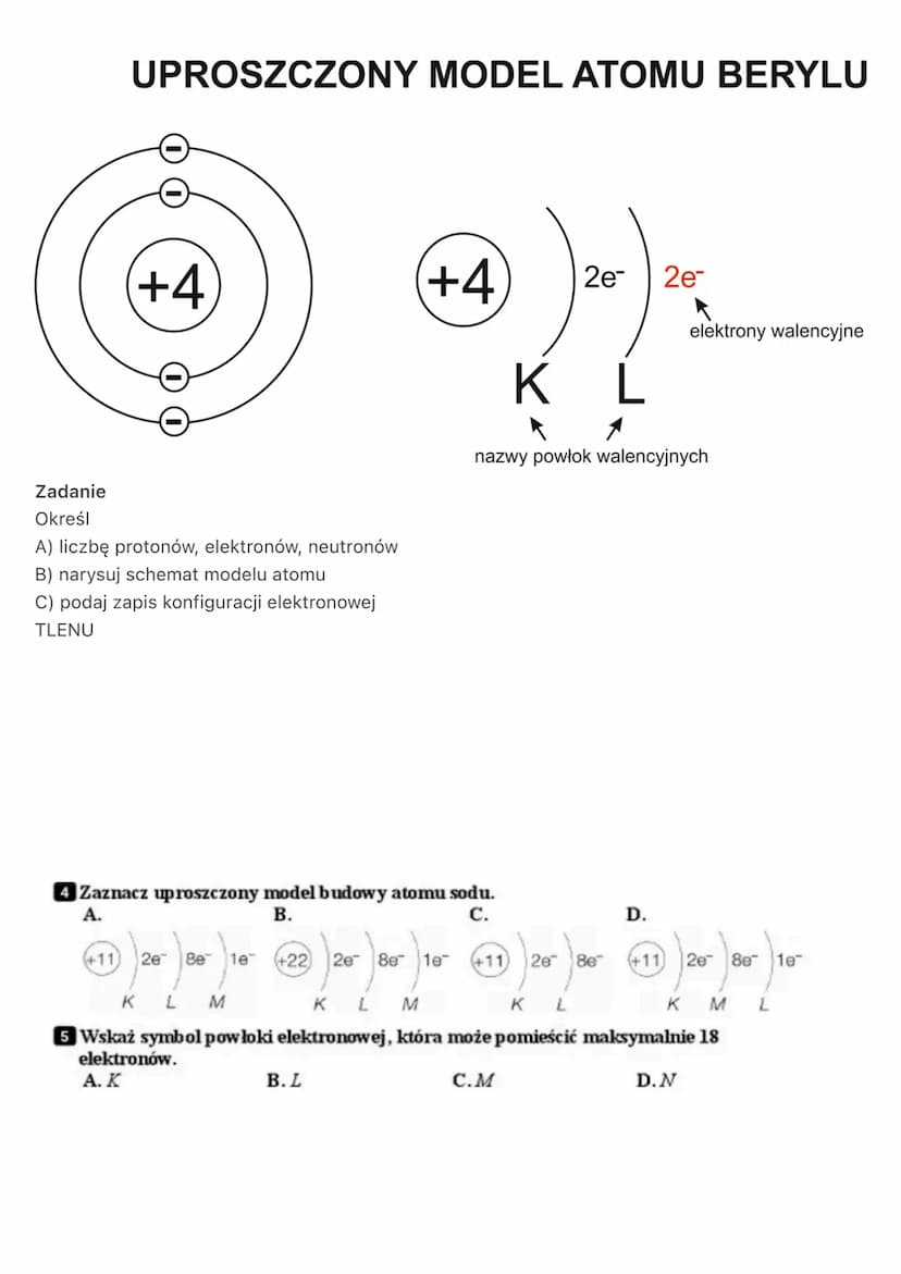 Budowa atomu- nukleony i elektrony
Atom pierwiastka składa się z dodatnio naładowanego jądra (ponieważ zbudowane jest z
protonów - p+ o doda