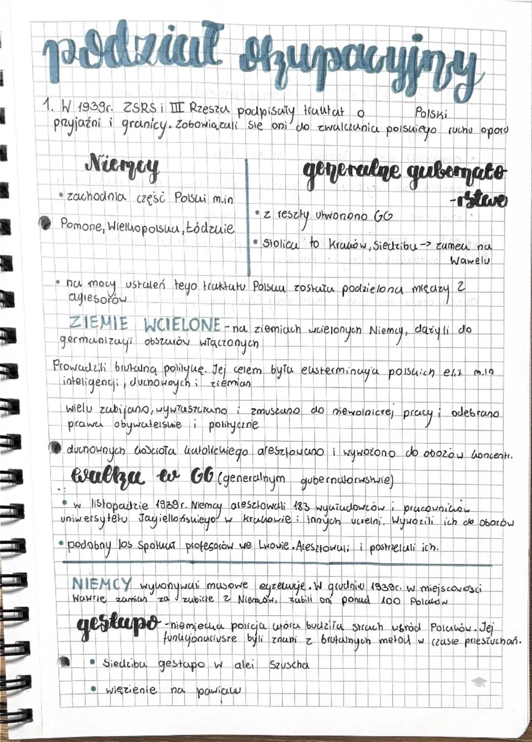 # podział zupacyjny

1.  W 1939. ZSRS i III Rzesza podpisały trautat o
    Polski
pryjaźni i granicy. Zobowiązuli się oni do zwalczania pols