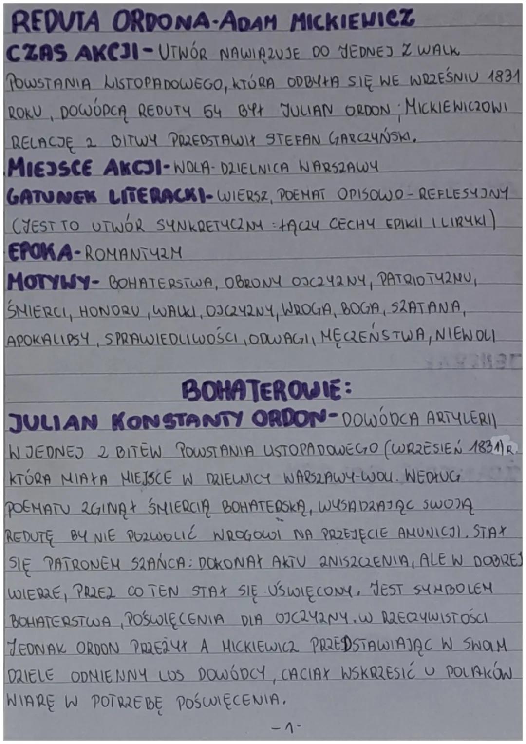 REDUTA ORDONA-ADAM MICKIEWICZ
CZAS AKCJI-UTWÓR NAWIĄZUJE DO JEDNEJ Z WALK.
POWSTANIA LISTOPADOWEGO, KTÓRA ODBYŁA SIĘ WE WRZEŚNIU 1831
ROKU, 