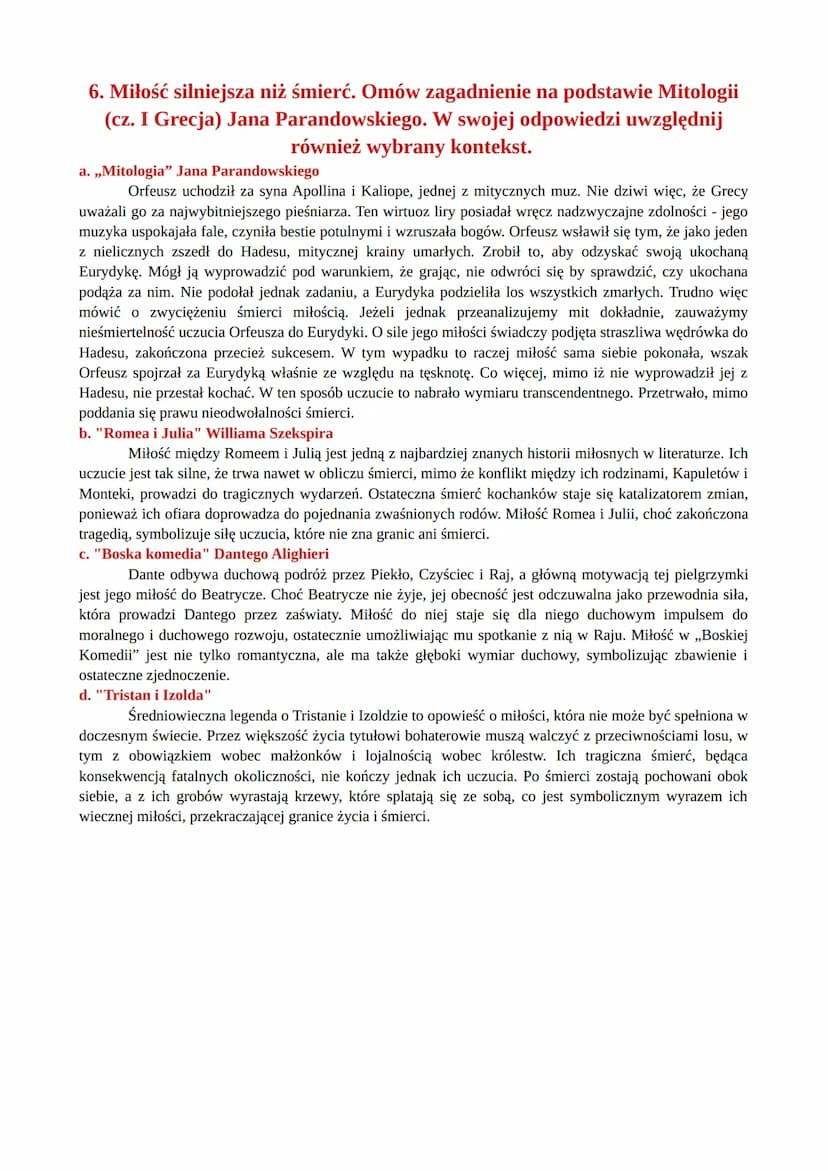 PYTANIA JAWNE
MITOLOGIA (CZ. I GRECJA) JANA
PARANDOWSKIEGO
4. Poświęcenie się w imię wyższych wartości. Omów zagadnienie na
podstawie Mitolo