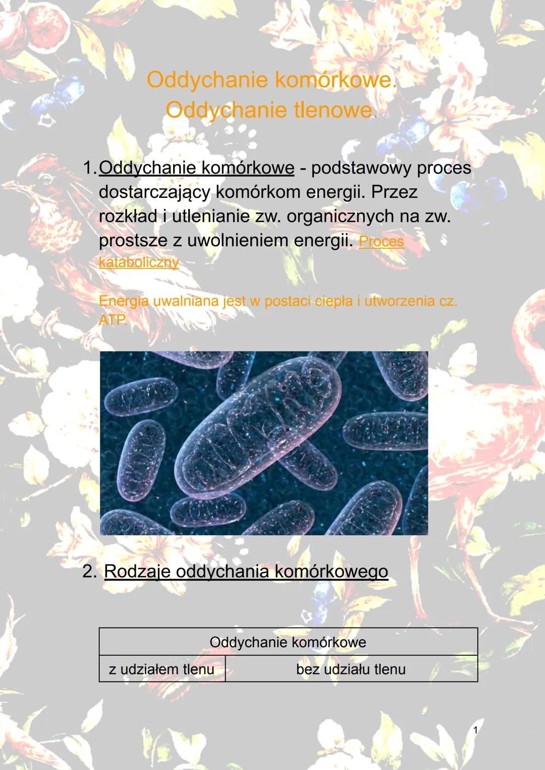 Oddychanie komórkowe.
Oddychanie tlenowe.
1.Oddychanie komórkowe - podstawowy proces
dostarczający komórkom energii. Przez
rozkład i utlenia