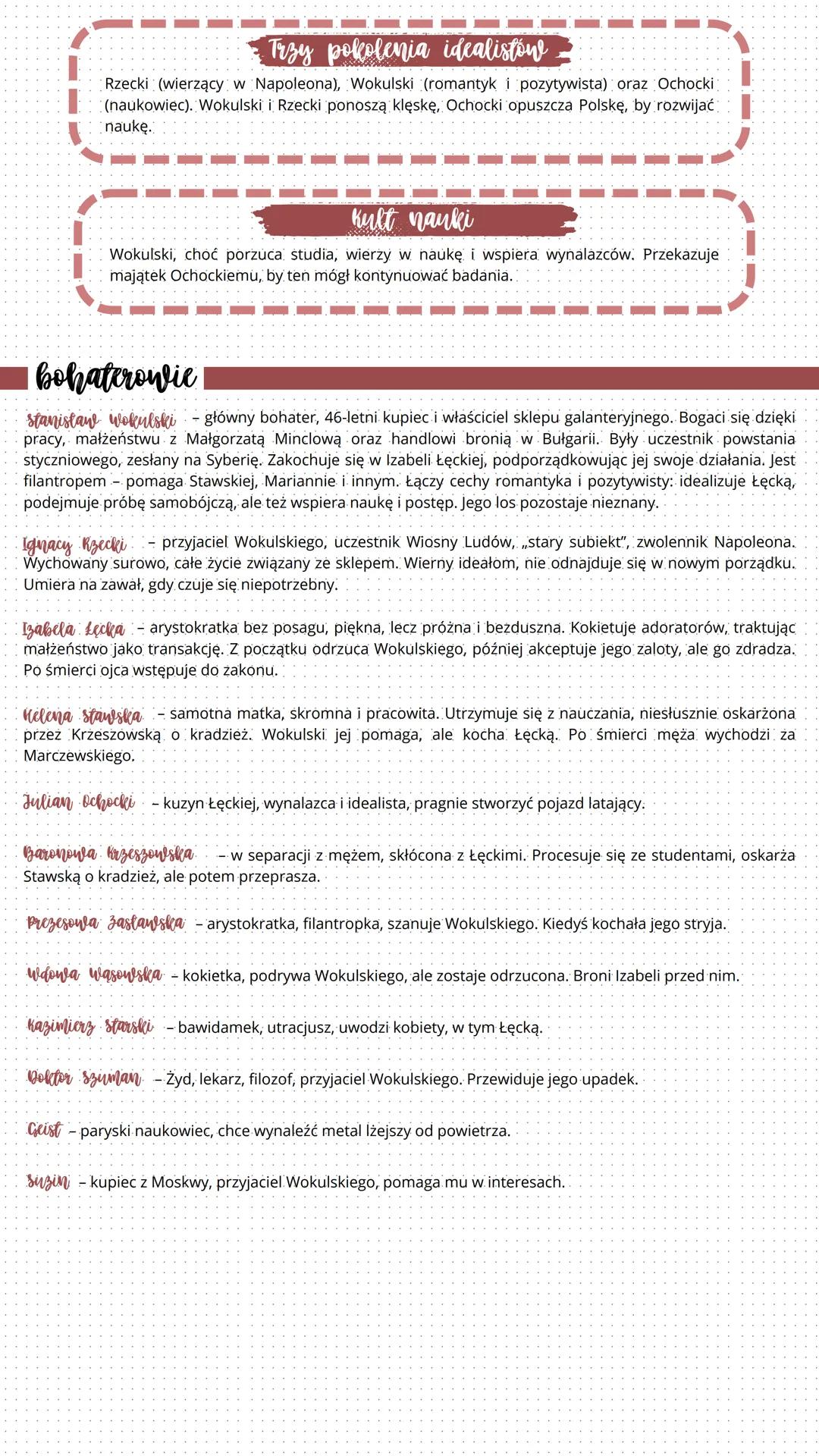 --- OCR Start ---
Trzy pokolenia idealistów
Rzecki (wierzący w Napoleona), Wokulski (romantyk i pozytywista) oraz Ochocki
(naukowiec). Wokul