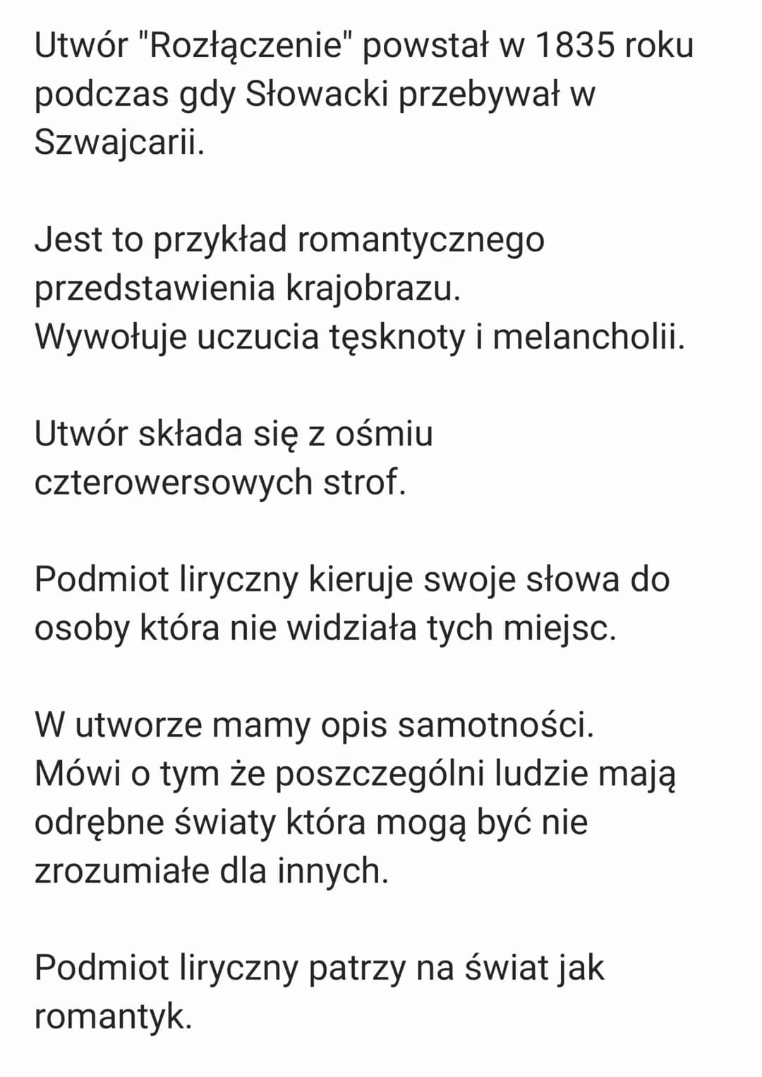 Utwór "Rozłączenie" powstał w 1835 roku
podczas gdy Słowacki przebywał w
Szwajcarii.
Jest to przykład romantycznego
przedstawienia krajobraz