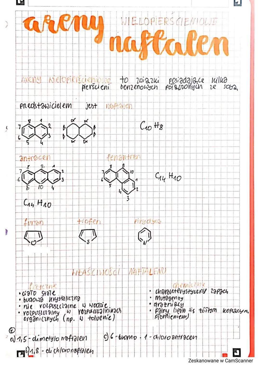 )
Areny Nielopierscieniowe to związki posiadające kilka
pierścieni benzenowych polaczonych ze soba
Predstawicielem jest noftalen
WIELOPIERS 