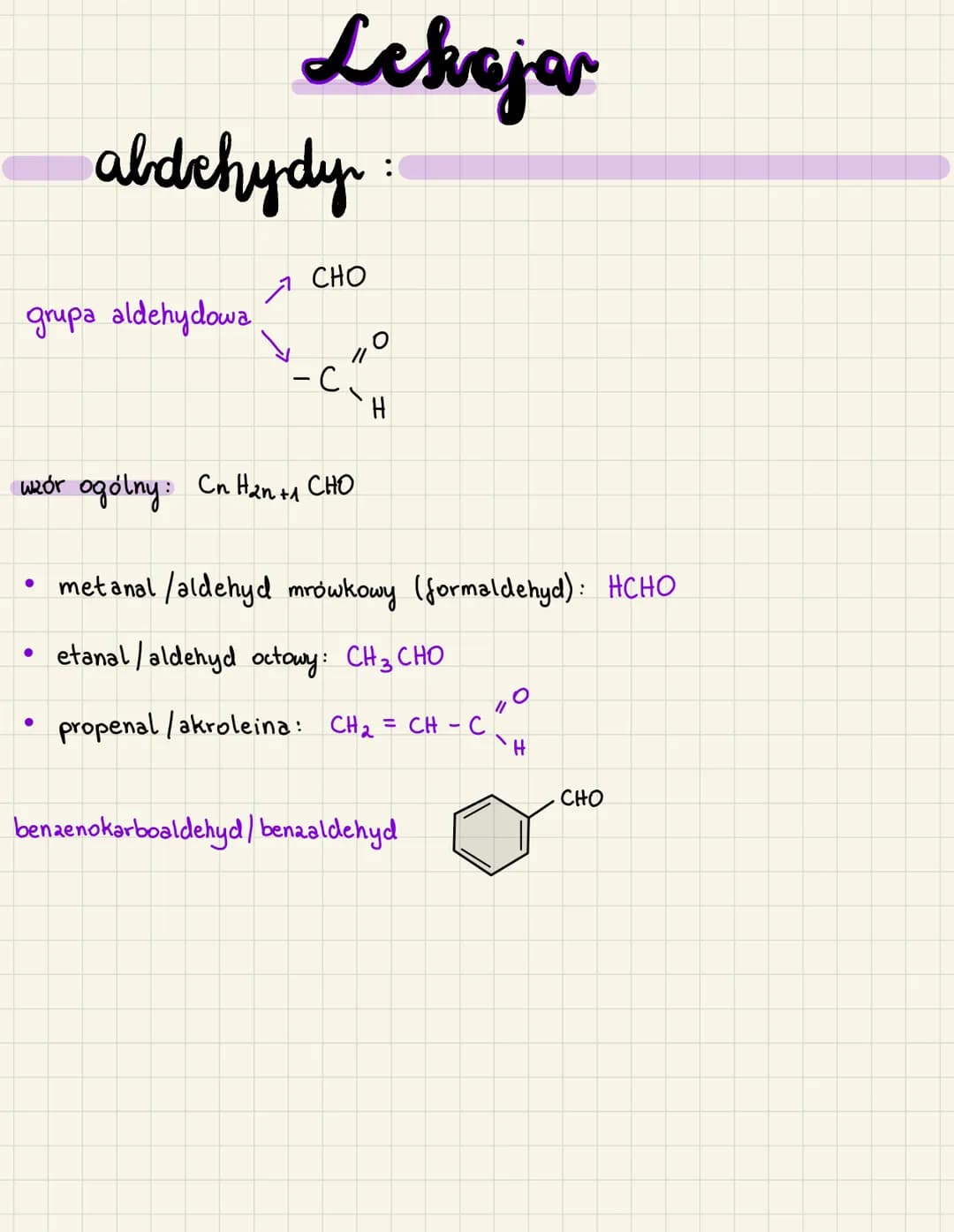 grupa aldehydowa
Lekajar
aldehydy
●
●
сно
·C.
-C
O
wzór ogólny: CnH₂n +1 CHO
• metanal /aldehyd mrówkowy (formaldehyd): HCHO
etanal/aldehyd 