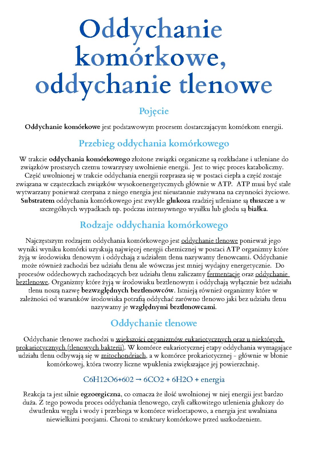 Oddychanie komórkowe. Oddychanie tlenowe.