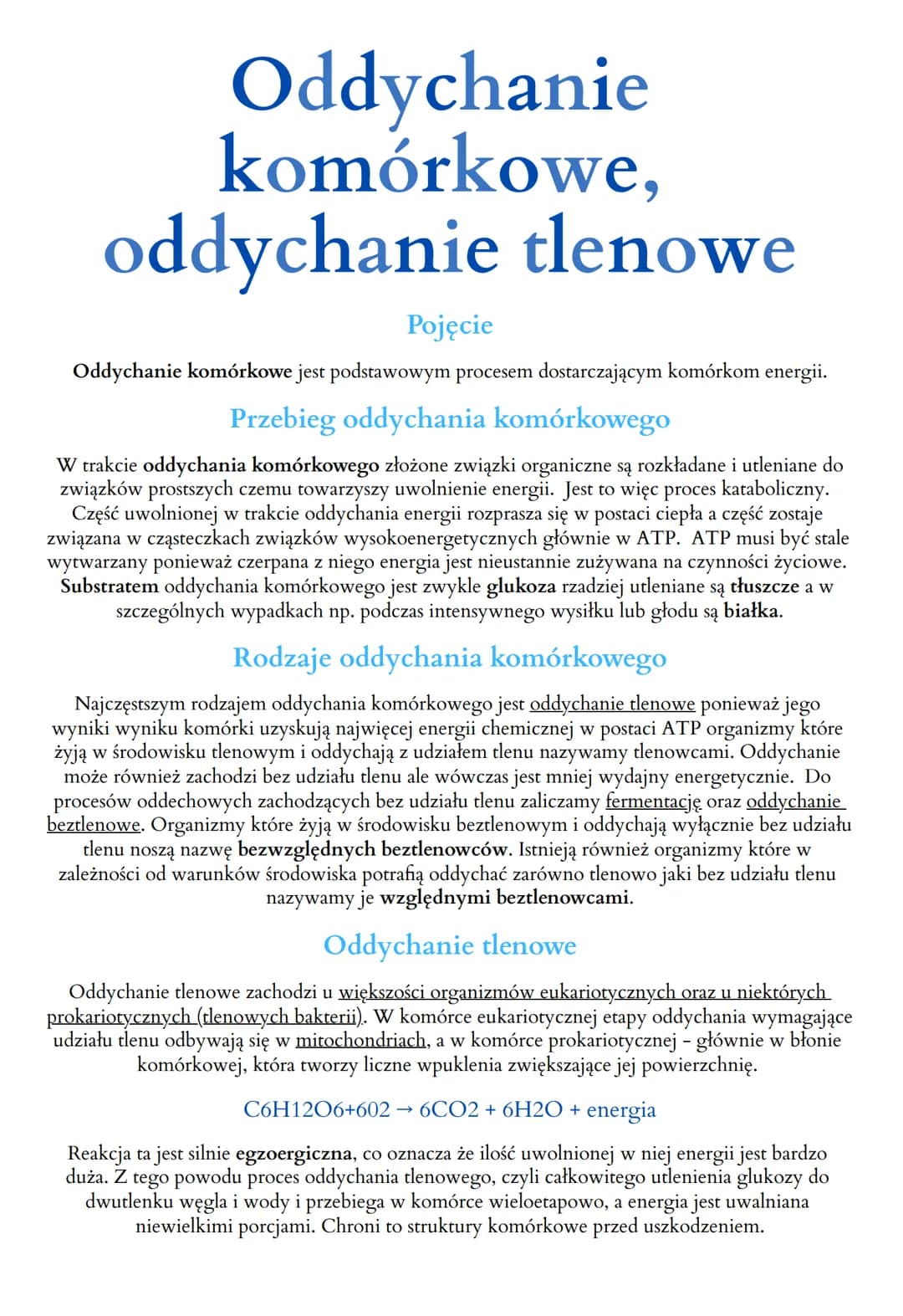 Oddychanie
komórkowe,
oddychanie tlenowe
Pojęcie
Oddychanie komórkowe jest podstawowym procesem dostarczającym komórkom energii.
Przebieg od
