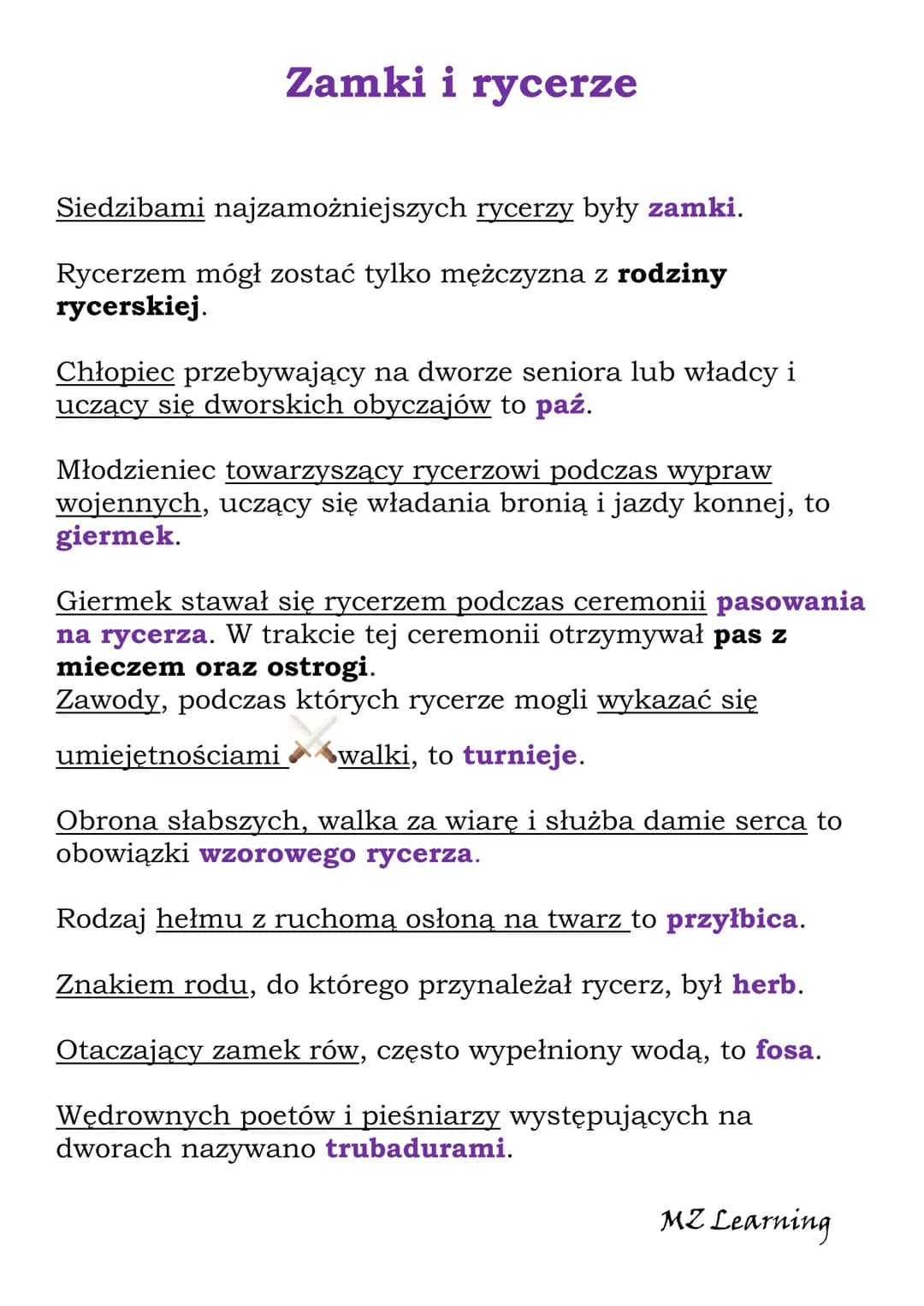 Zamki i rycerze
Siedzibami najzamożniejszych rycerzy były zamki.
Rycerzem mógł zostać tylko mężczyzna z rodziny
rycerskiej.
Chłopiec przebyw