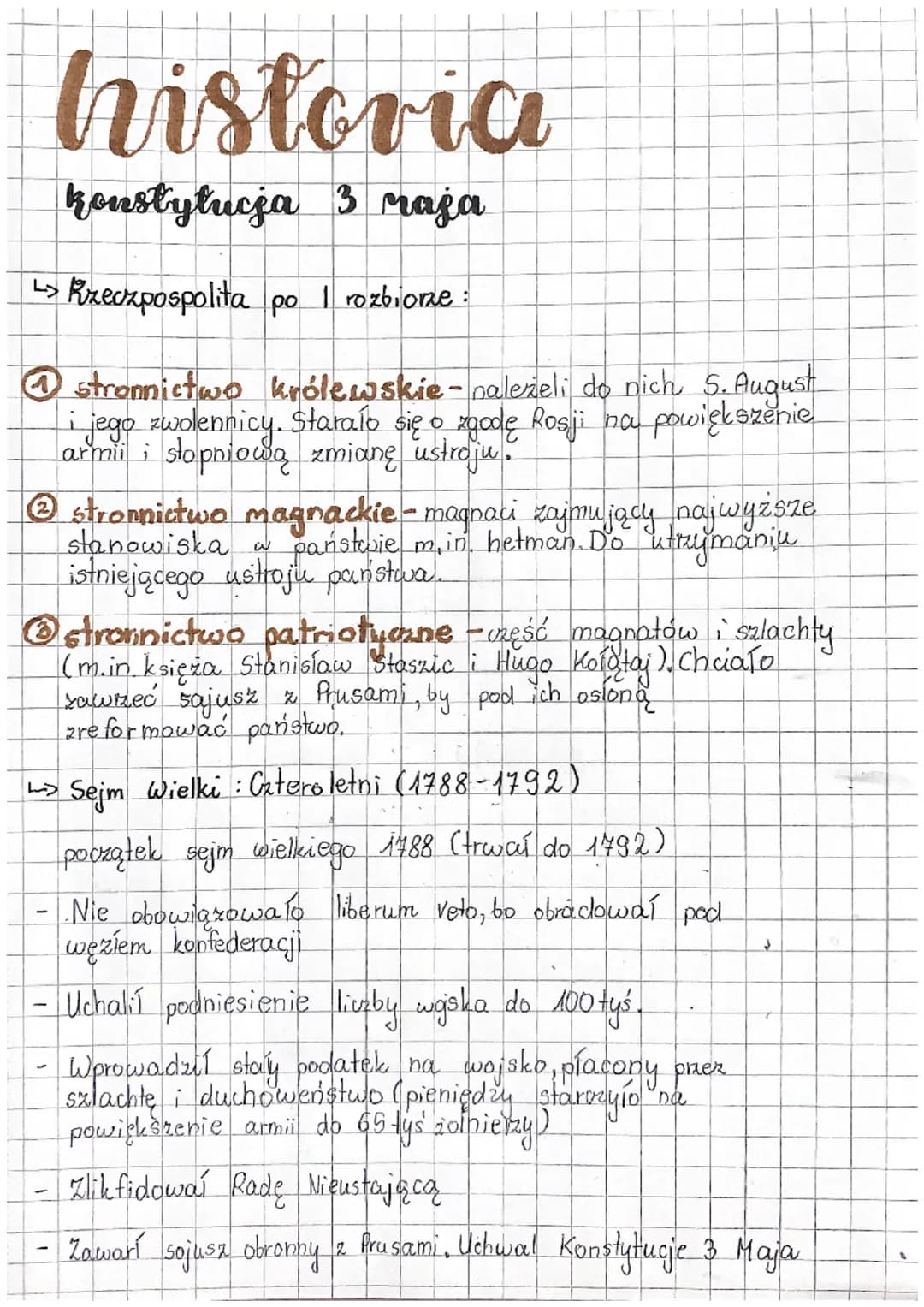 historia
Konstytucja 3 raja
↳ Rzeczpospolita po 1 rozbiorze.
① stronnictwo królewskie - należeli do nich 5. August
i jego zwolennicy. Staral