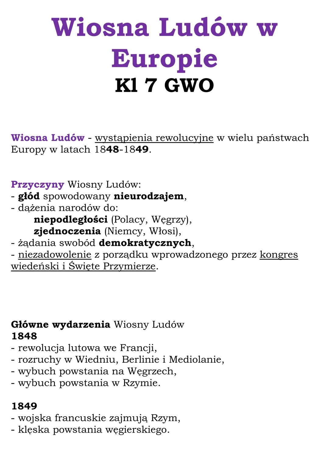 Wiosna Ludów w
Europie
K1 7 GWO
Wiosna Ludów - wystąpienia rewolucyjne w wielu państwach
Europy w latach 1848-1849.
Przyczyny Wiosny Ludów:

