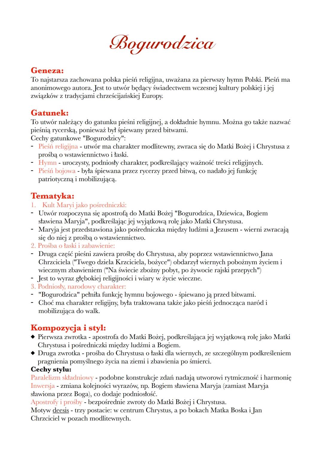 # Bogurodzica

## Geneza:
To najstarsza zachowana polska pieśń religijna, uważana za pierwszy hymn Polski. Pieśń ma
anonimowego autora. Jest