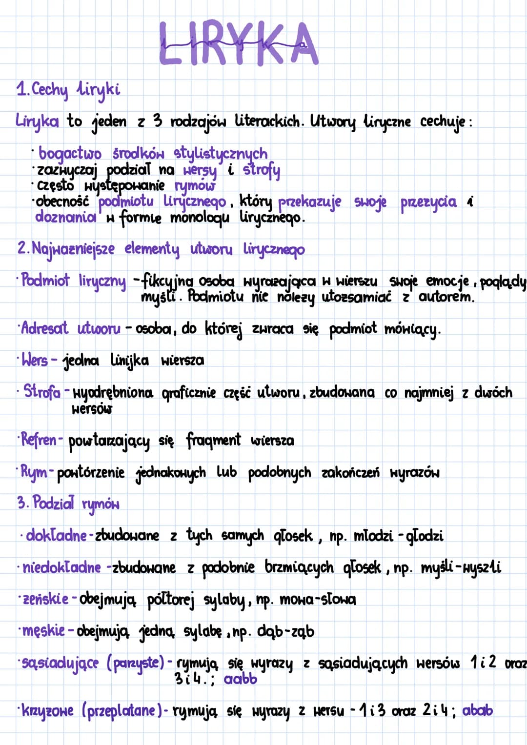LIRYKA
1. Cechy liryki
Liryka to jeden z 3 rodzajów literackich. Utwory liryczne cechuje :
bogactwo środków stylistycznych
zazwyczaj podział