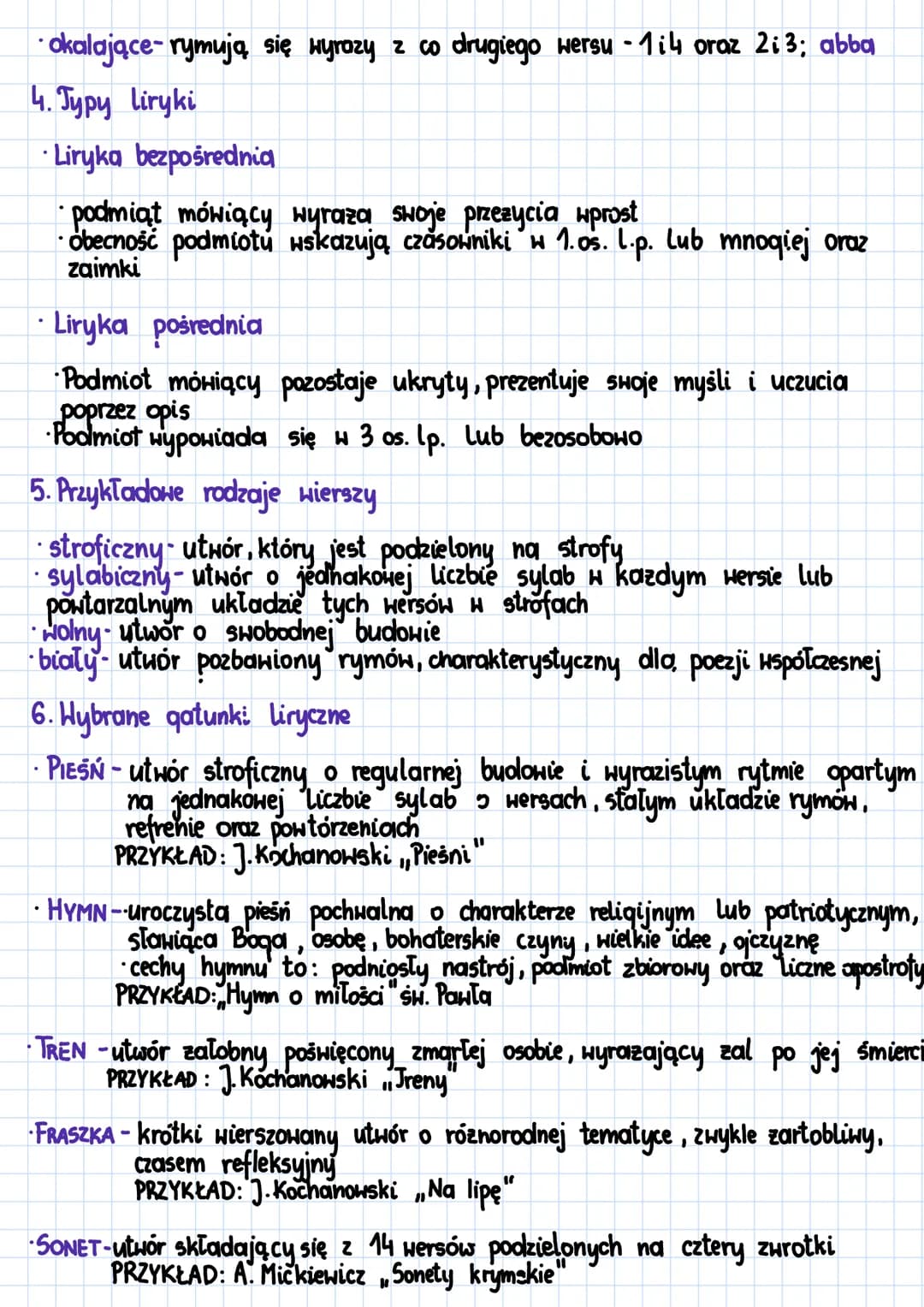 LIRYKA
1. Cechy liryki
Liryka to jeden z 3 rodzajów literackich. Utwory liryczne cechuje :
bogactwo środków stylistycznych
zazwyczaj podział