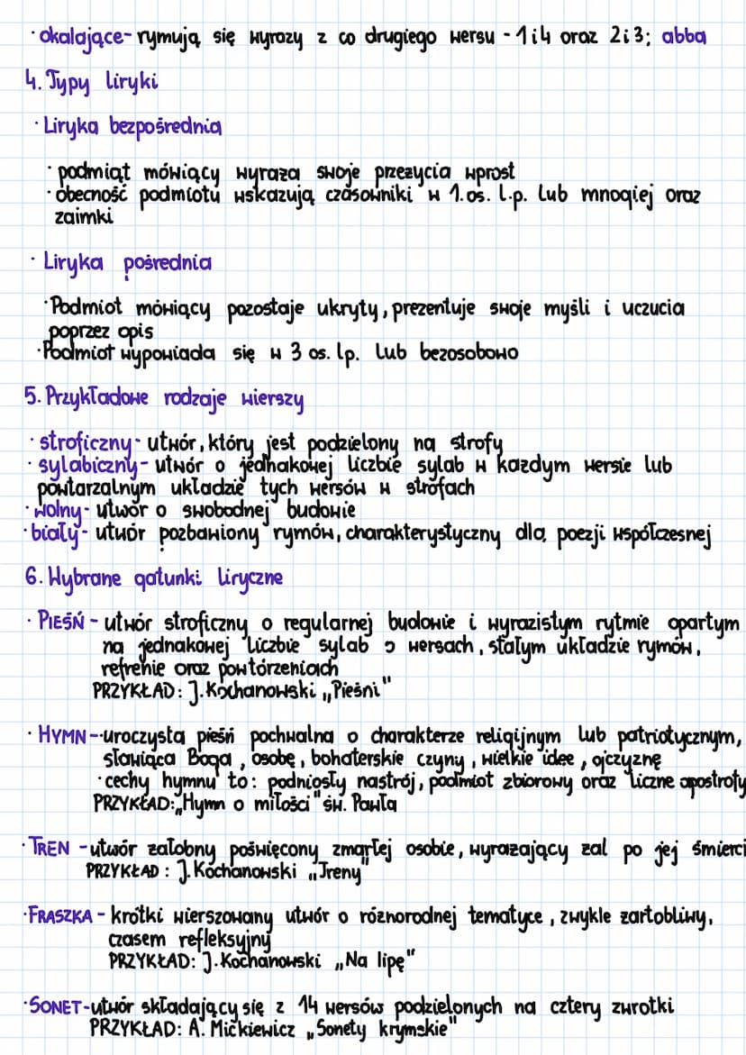 LIRYKA
1. Cechy liryki
Liryka to jeden z 3 rodzajów literackich. Utwory liryczne cechuje :
bogactwo środków stylistycznych
zazwyczaj podział