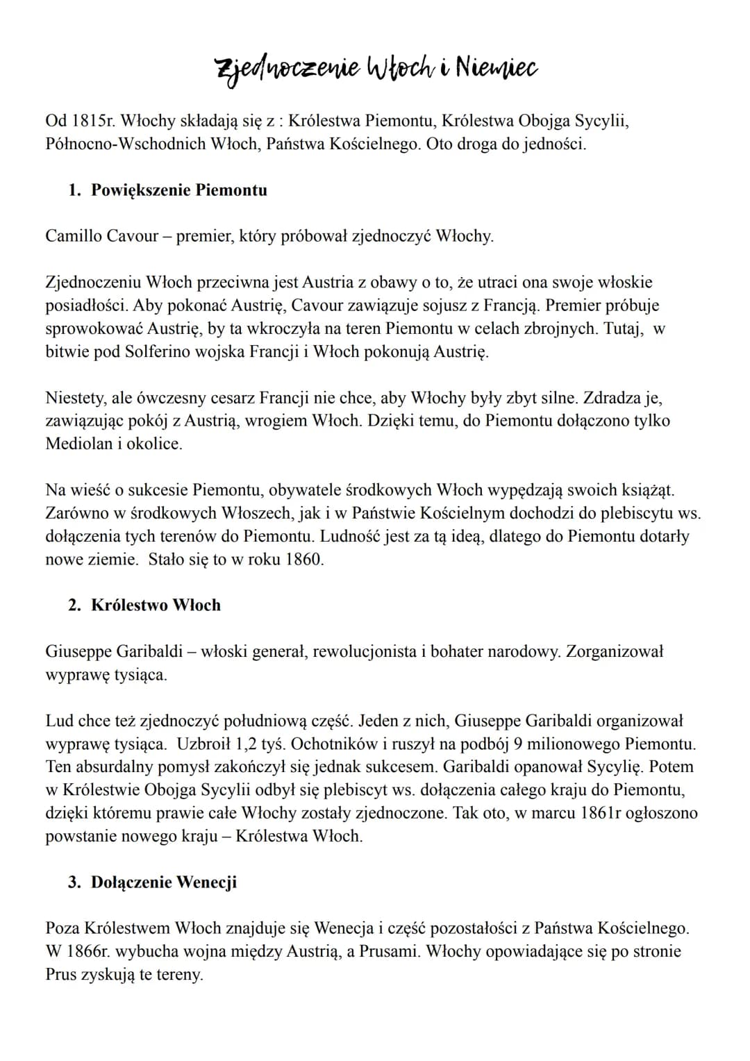 Zjednoczenie Włoch i Niemiec
Od 1815r Włochy składają się z Królestwa Piemontu, Królestwa Obojga Sycylii,
Północno-Wschodnich Włoch, Państwa