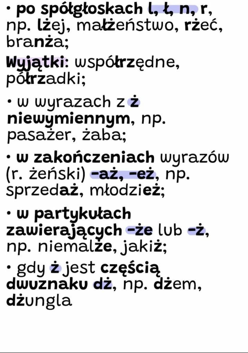 Zasady pisowni z rz i ż
Dwuznak rz piszemy:
• gdy rz wymienia się na r,
np. rowerzysta - rower,
wierzyć - wiara;
• po spółgłoskach: p, b, t,