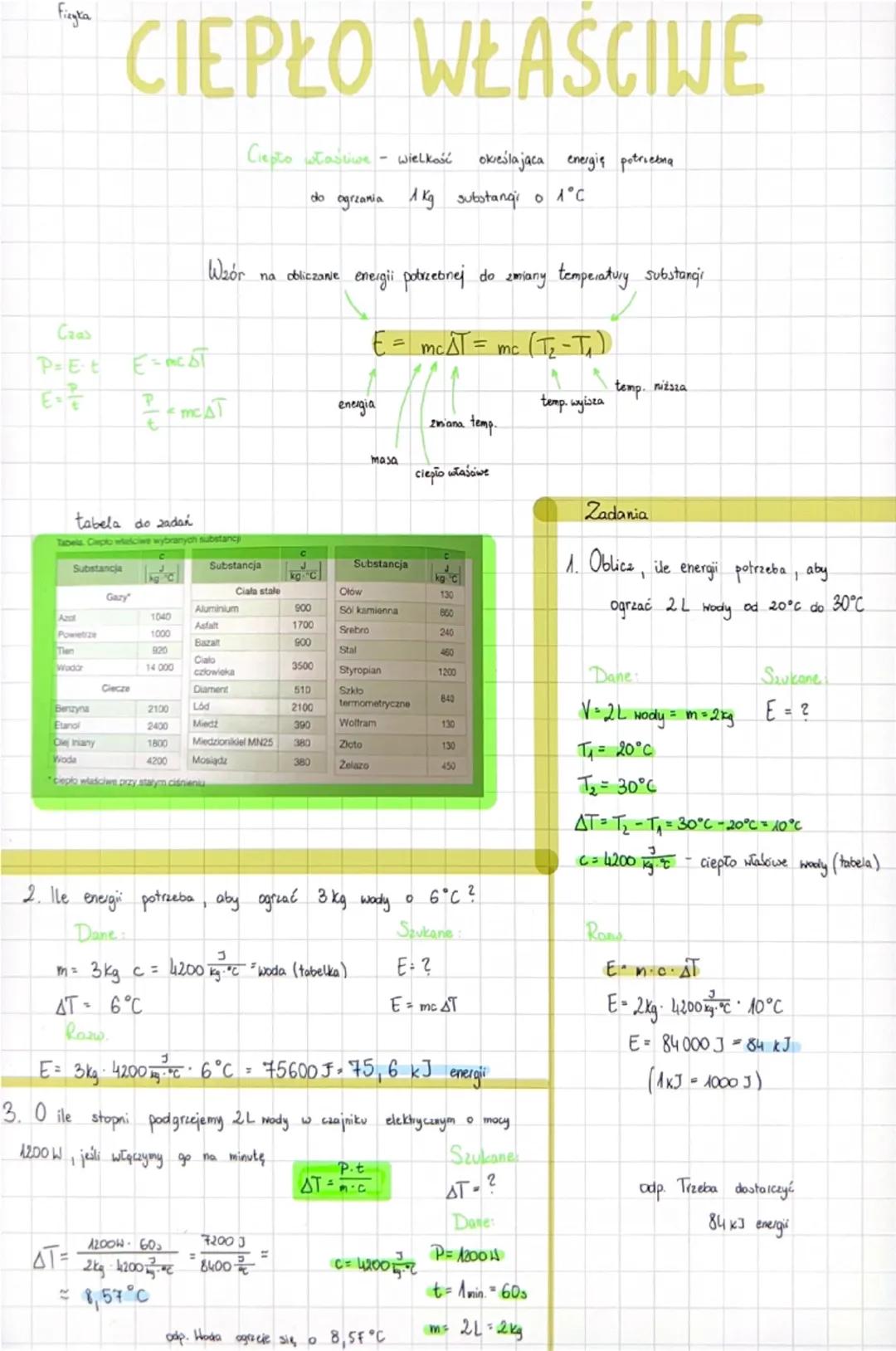 Fizyka
Czas
P= E-t
E
CIEPŁO WŁAŚCIWE
Wzór
Ciepło własciwe
-
wielkość
określajaca energię potriebna
do ogrzania 1 Kg substangi o 1°C
na oblic