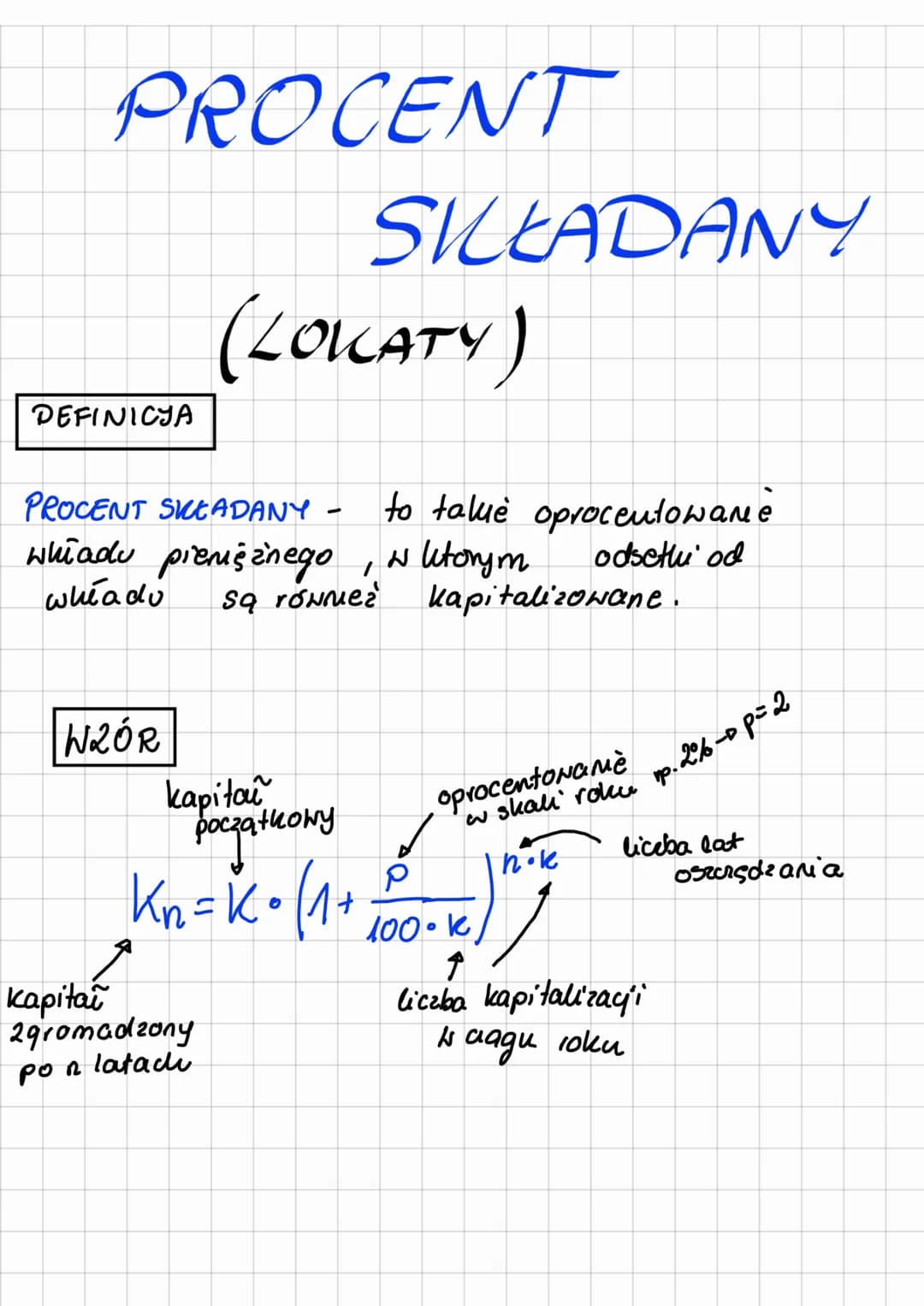 PROCENT
(LOKATY)
PROCENT SKEADANY to talue oprocentowane
whładu pieniężnego, w ktorym
odsetu od
whłado
sq rowniez
DEFINICJA
WZÓR
SKŁADANY
ka