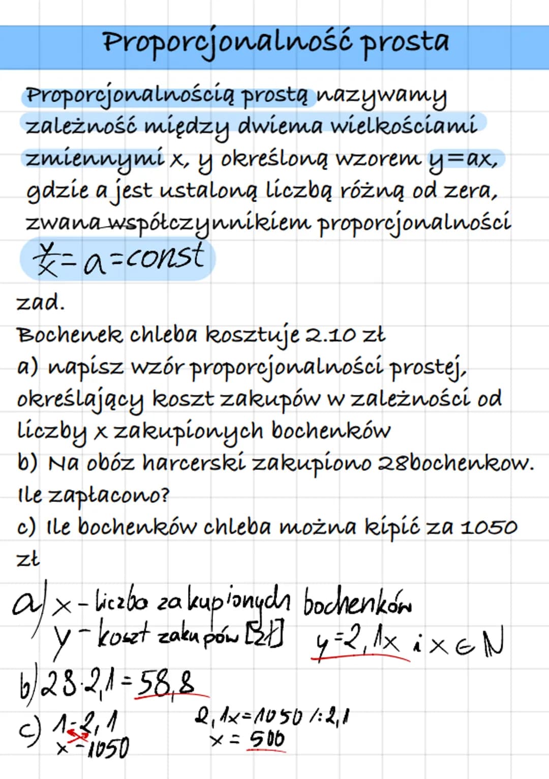 Proporcjonalność prosta
Proporcjonalnością prostą nazywamy
zależność między dwiema wielkościami
zmiennymi x, y określoną wzorem y=ax,
gdzie 