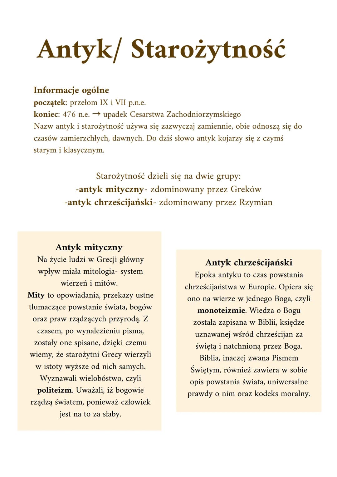 Antyk/ Starożytność
Informacje ogólne
początek: przełom IX i VII p.n.e.
koniec: 476 n.e. → upadek Cesarstwa Zachodniorzymskiego
Nazw antyk i