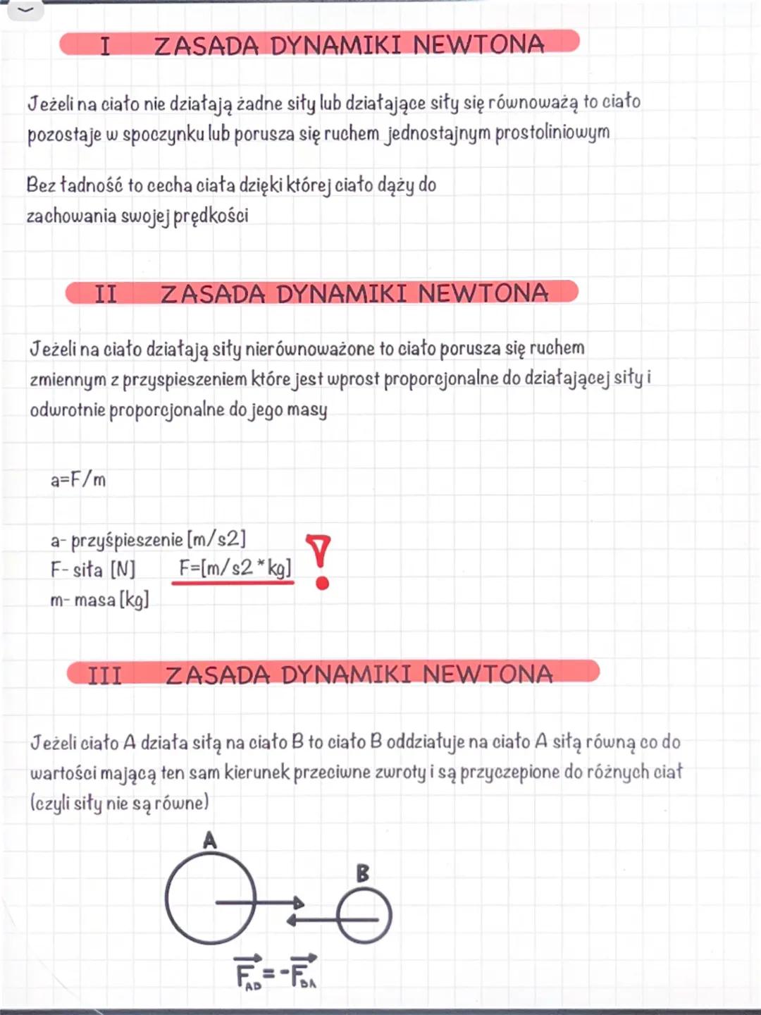 # I ZASADA DYNAMIKI NEWTONA
Jeżeli na ciało nie działają żadne siły lub działające siły się równoważą to ciało
pozostaje w spoczynku lub por
