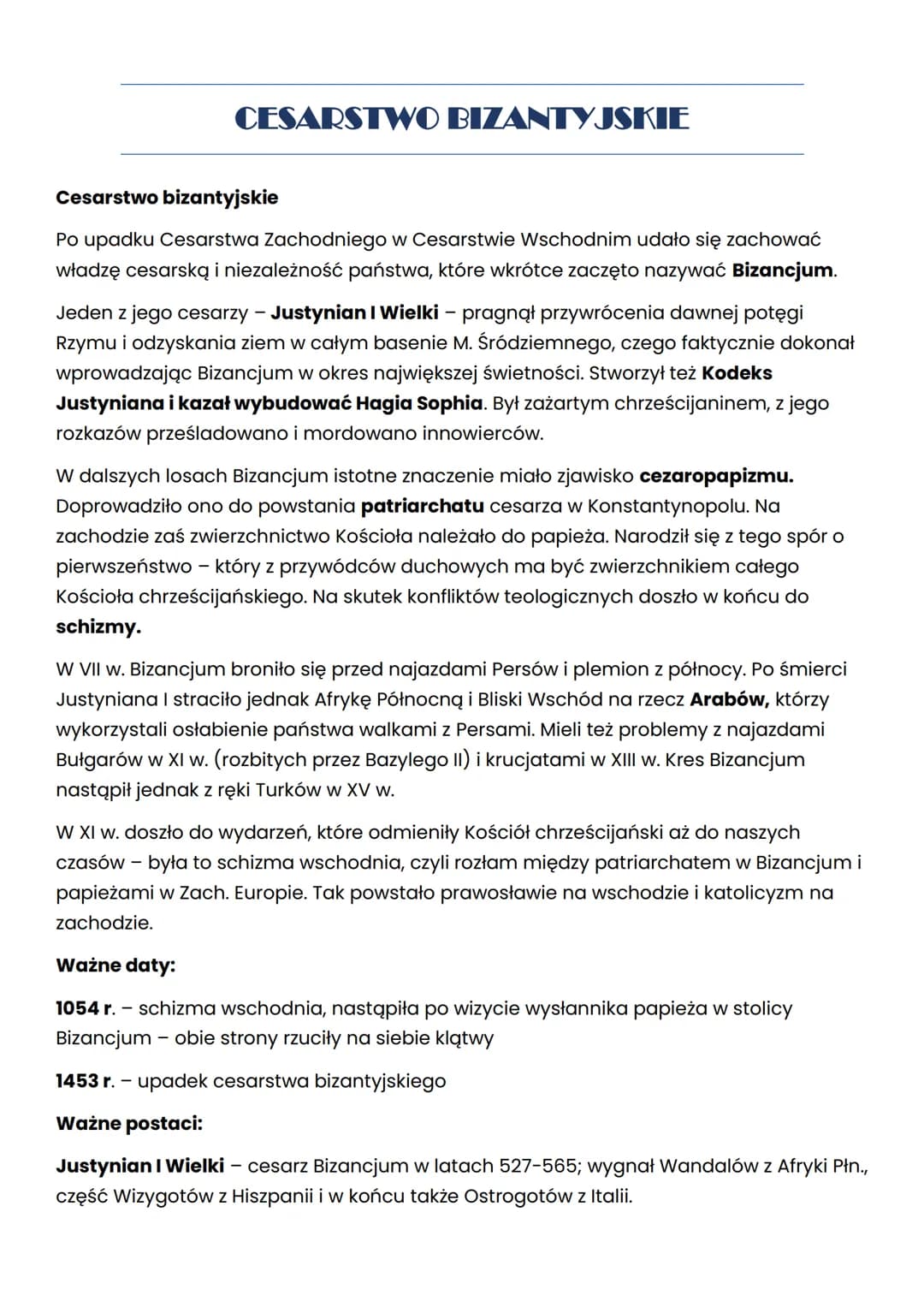 CESARSTWO BIZANTYJSKIE
Cesarstwo bizantyjskie
Po upadku Cesarstwa Zachodniego w Cesarstwie Wschodnim udało się zachować
władzę cesarską i ni