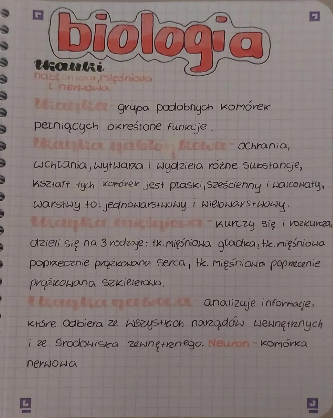 # biologia

nabt on kova, mięśniowa
I nerwowa

grupa podobnych komórek
petniących okreśione funkcje.

Ochrania,
wchłania, wytwarza i wydziel