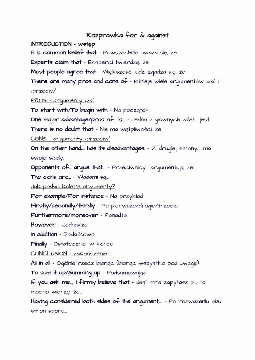 Opinion essay
WSTĘP - przydatne zwroty
Przedstawienie tezy:
It is a popular belief that... - Powszechnie wierzy się, że….…..
It is thought t