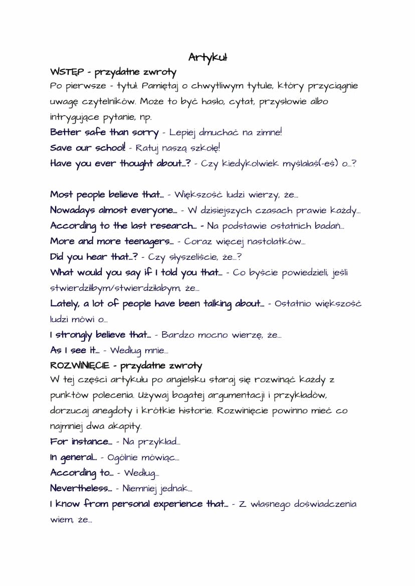 Opinion essay
WSTĘP - przydatne zwroty
Przedstawienie tezy:
It is a popular belief that... - Powszechnie wierzy się, że….…..
It is thought t