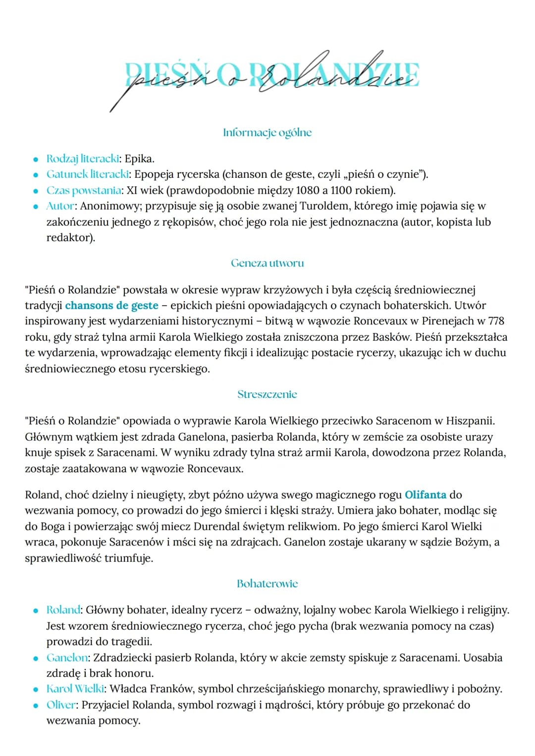 DHESHQ ROLANDAD
Informacje ogólne
• Rodzaj literacki: Epika.
⚫ Gatunek literacki: Epopeja rycerska (chanson de geste, czyli „pieśń o czynie"