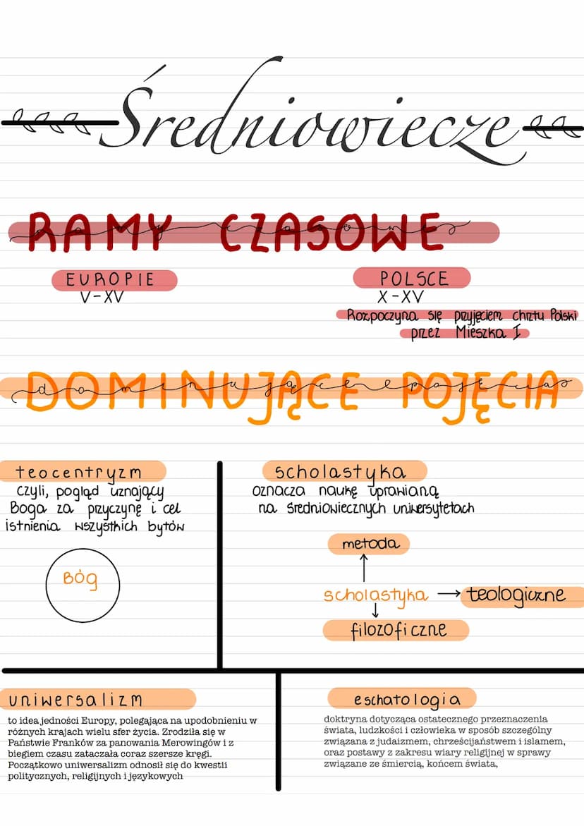 Średniowiecze
RAMY CZASOWE
EUROPIE
V-XV
POLSCE
X-XV
Rozpoczyna się przyjęciem chrztu Polski
przez Mieszka I
DOMINUJĄCE POJĘCIA
teocentryzm
c