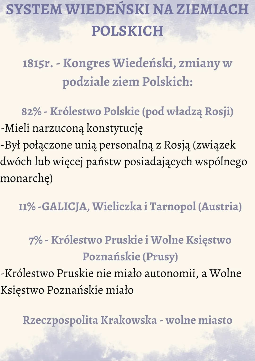 SYSTEM WIEDEŃSKI NA ZIEMIACH
POLSKICH
1815r. - Kongres Wiedeński, zmiany w
podziale ziem Polskich:
82% - Królestwo Polskie (pod władzą Rosji
