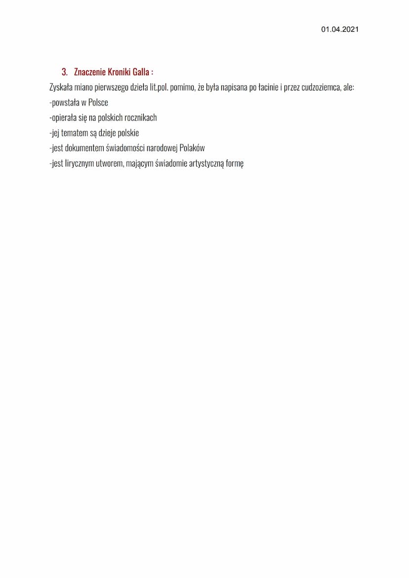 01.04.2021
LEKCJA
Temat: Kronika Galla Anonima - jako przykład historiografii średniowiecznej.
1. Historiografia -dział piśmiennictwa zajmuj