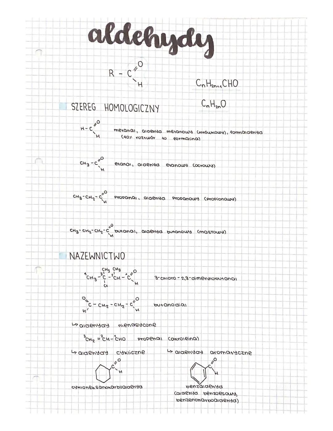# aldehydy

R-C=

H

$C_nH_{2n}CHO$

$C_nH_{2n}O$

SZEREG HOMOLOGICZNY

H-C

H

metanal, αldenya meranowy (mrówκοων), formaldenda

(40% rozt