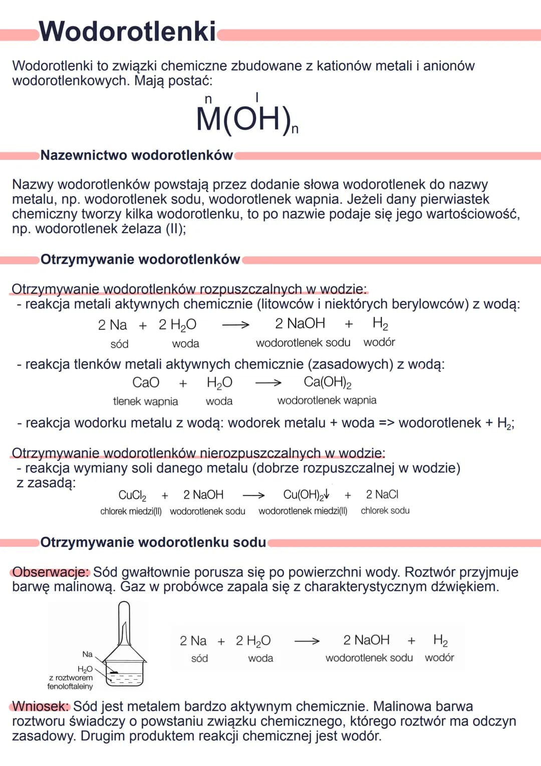 Wodorotlenki
Wodorotlenki to związki chemiczne zbudowane z kationów metali i anionów
wodorotlenkowych. Mają postać:
М(ОН),
Nazewnictwo wodor