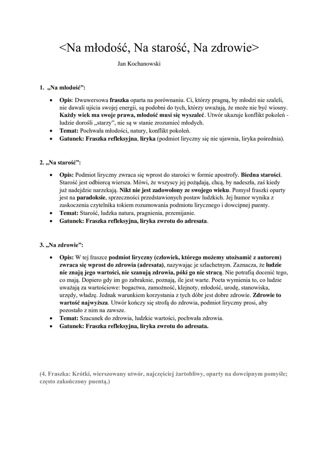 1. ,,Na młodość":
●
●
●
<Na młodość, Na starość, Na zdrowie>
●
Jan Kochanowski
2. ,,Na starość":
Opis: Podmiot liryczny zwraca się wprost do