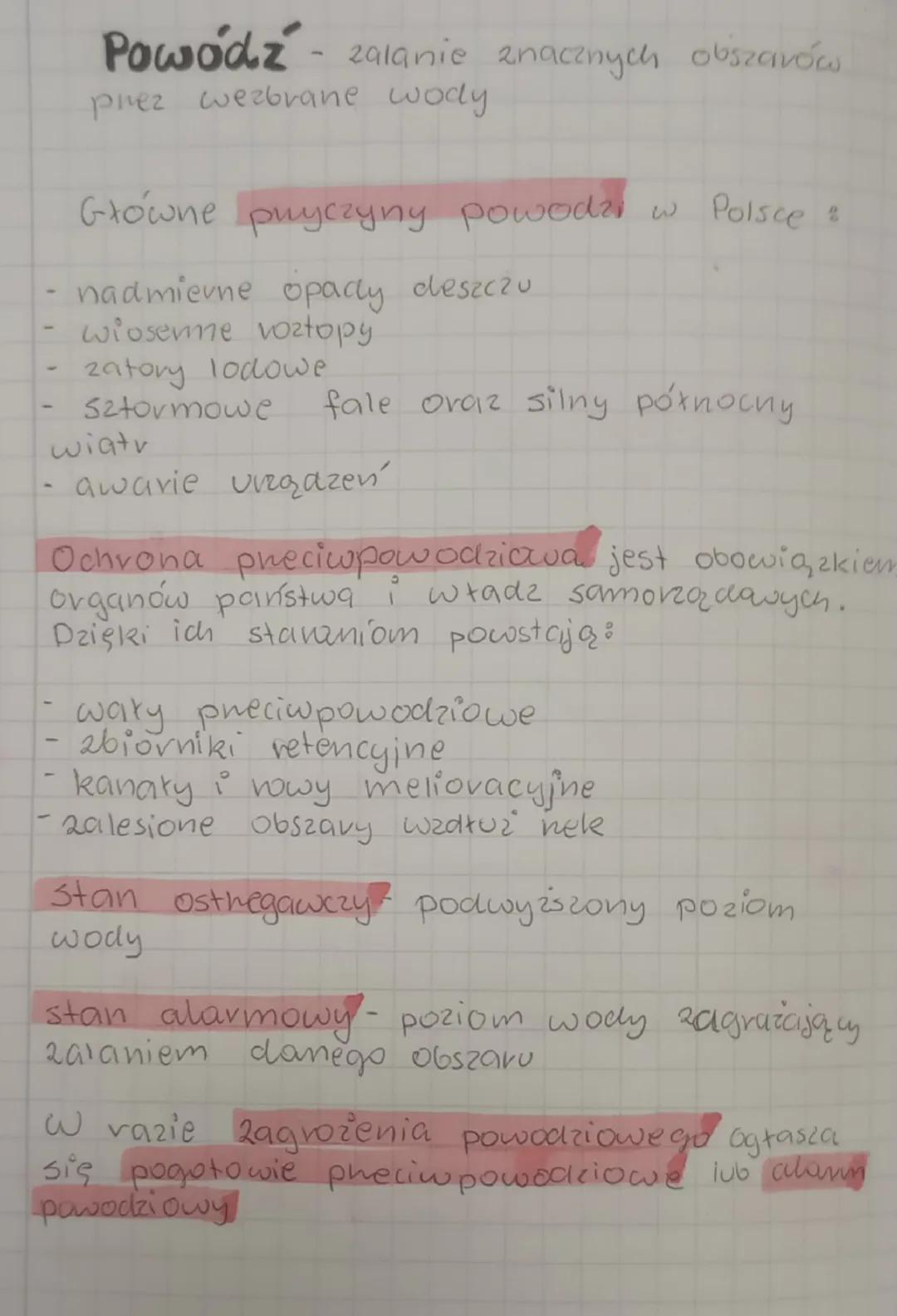 Powódz - zalanie znacznych obszaróω
prez wezbrane wody

Główne pryczyny powodzi w Polsce :
- nadmierne opady deszczu
- wiosenne voztopy.
- z