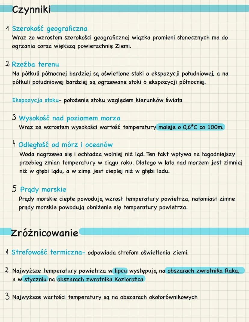 K Czynniki
1 Szerokość geograficzna
Wraz ze wzrostem szerokości geograficznej wiązka promieni słonecznych ma do
ogrzania coraz większą powie