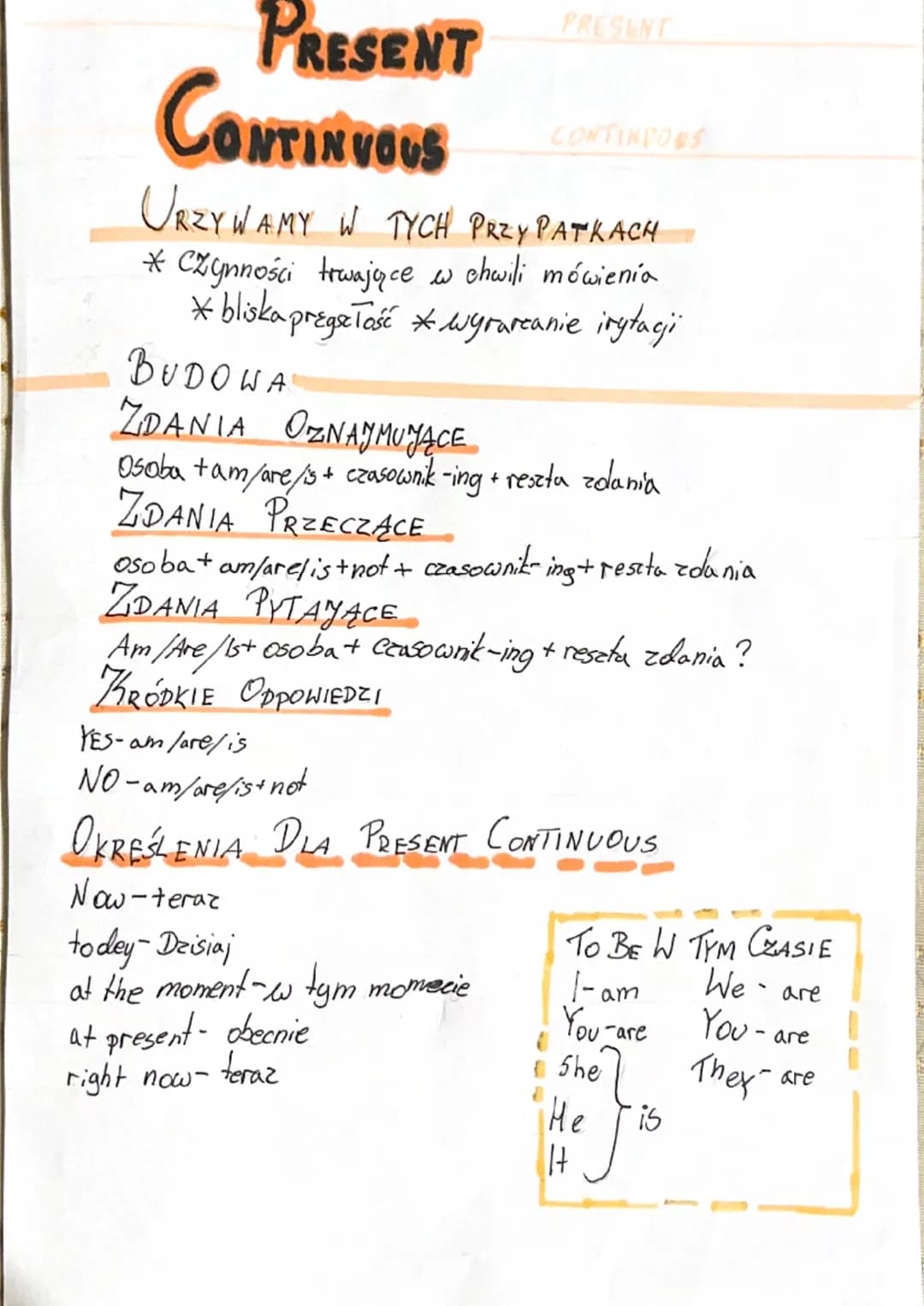 PRESENT
CONTINUOUS
BUDOWA
ZDANIA OZNAJMUJĄCE
PRESENT
URZYWAMY W TYCH PRZY PATKACH
* Czynności trwające w chwili mówienia
*bliska pregość wyr