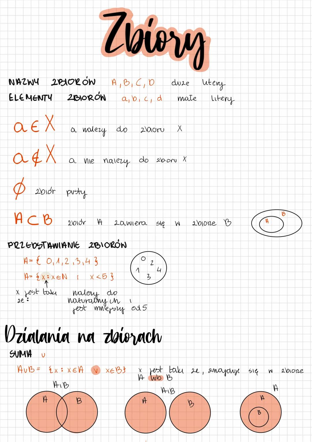 NAZWY ZBIORÓW
ELEMENTY ZBIORÓW
аєх
a 4x
$
ACB
PRZEDSTAWIANIE ZBIORÓW
A = { 0₁1₁2₁3₁43
A = 2X=XEN 1
个
x jest take
20:
2biór pusty
Zbiory
A, B