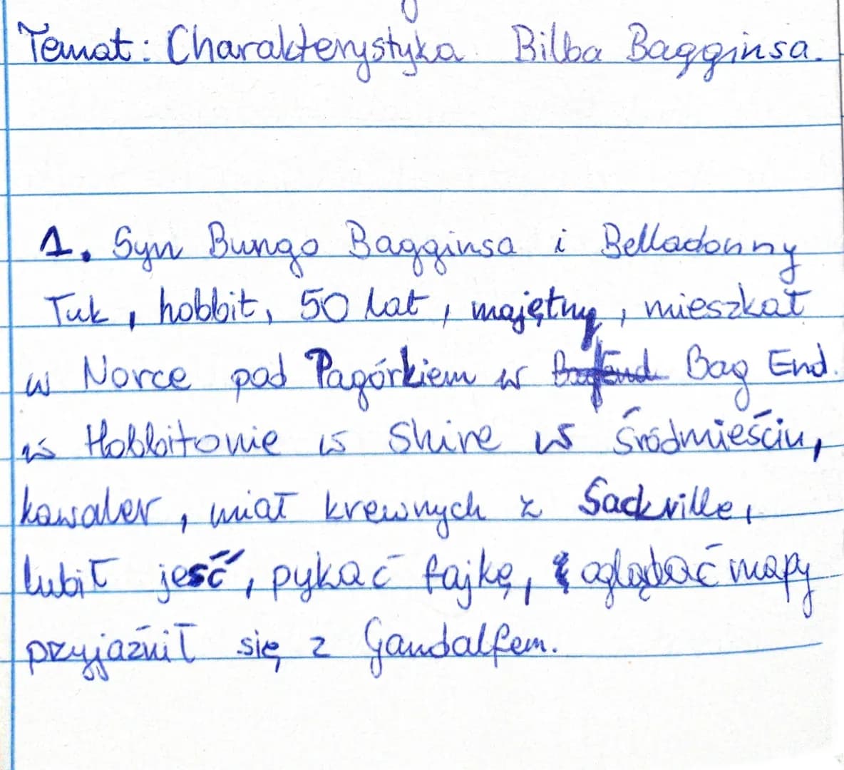 Temat: Charakterystyka Bilba Bagginsa.
W
1. Syn Bungo Bagginsa i Belladonny
Tuk, hobbit, 50 lat, majętny, mieszkał
w Norce pad Pagórkiem ir 