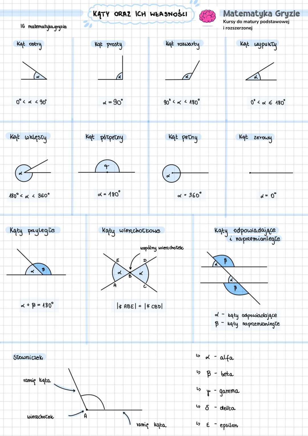 KĄTY ORAZ ICH WEASNOŚCI
IG matematyka gryzie
Kąt ostry
Kąt prosty
kąt rozwarty
A
Matematyka Gryzie
Kursy do matury podstawowej
i rozszerzone