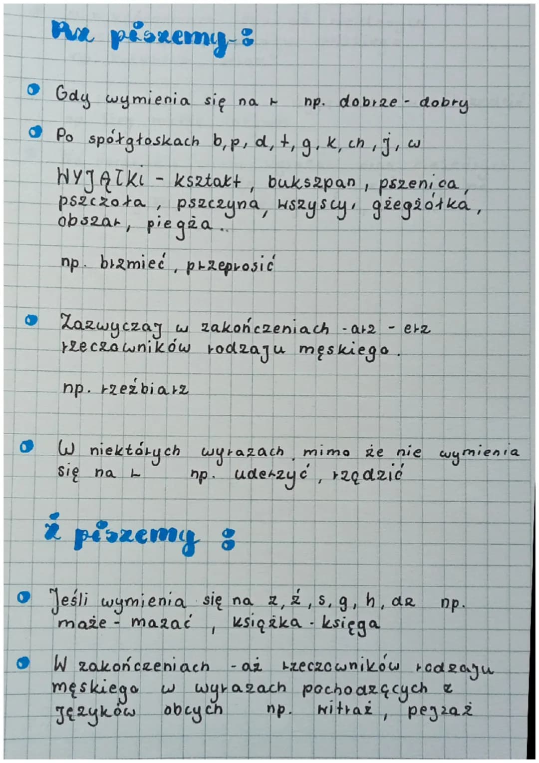 in piszemy:
• Gdy wymienia się na sz"
np. ucho - uszy
C Po literze, s" oraz na końcu wyrazów.
hp. pech Schab
"
• W większości wyrazów, gdy n